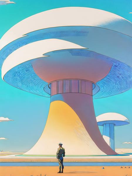 00694-4233329475-a painting of a man standing in front of a giant mushroom cloud with a tank in the foreground by Moebius Jean Giraud.png